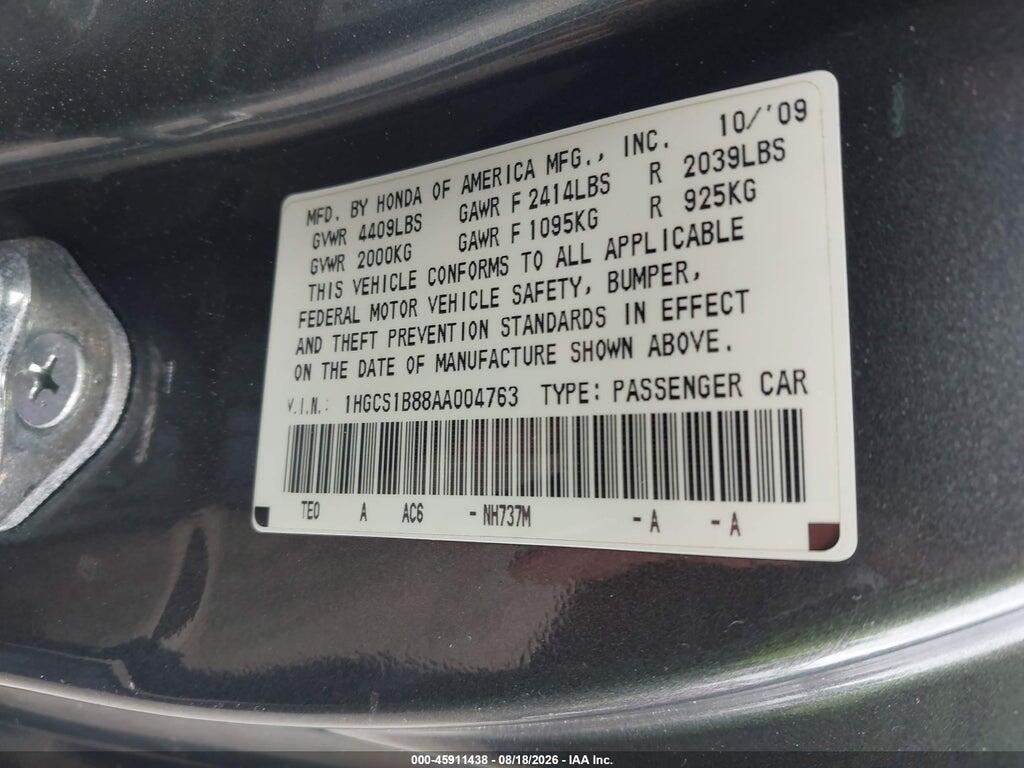 1HGCS1B88AA004763 2010 HONDA ACCORD photo no. 9