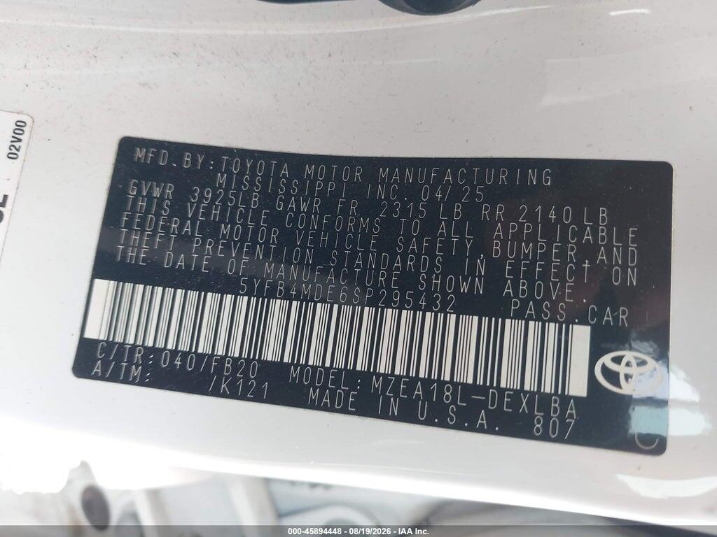 5YFB4MDE6SP295432 2025 TOYOTA COROLLA photo no. 9