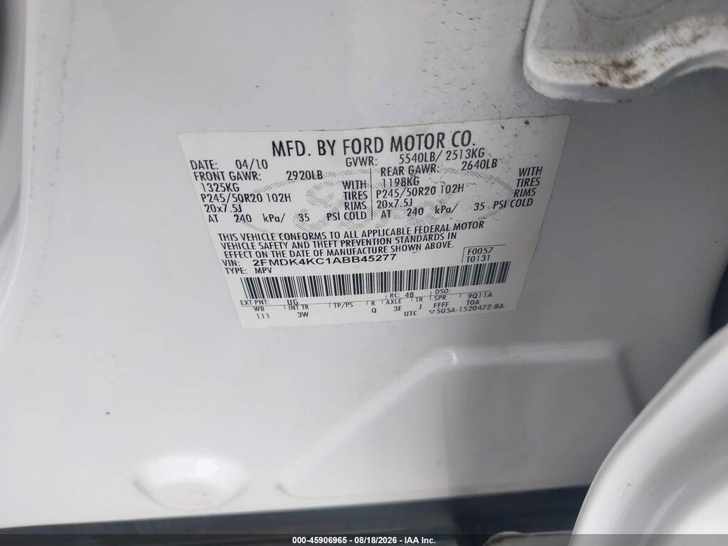 2FMDK4KC1ABB45277 2010 FORD EDGE photo no. 9
