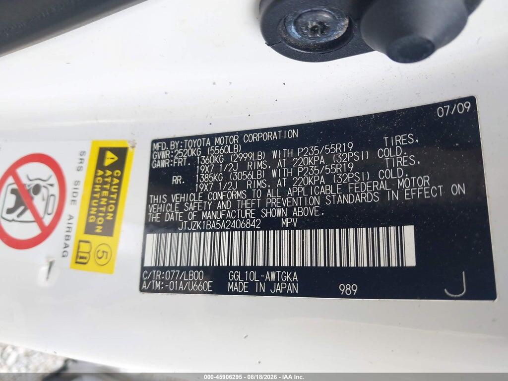 JTJZK1BA5A2406842 2010 LEXUS RX 350 photo no. 9