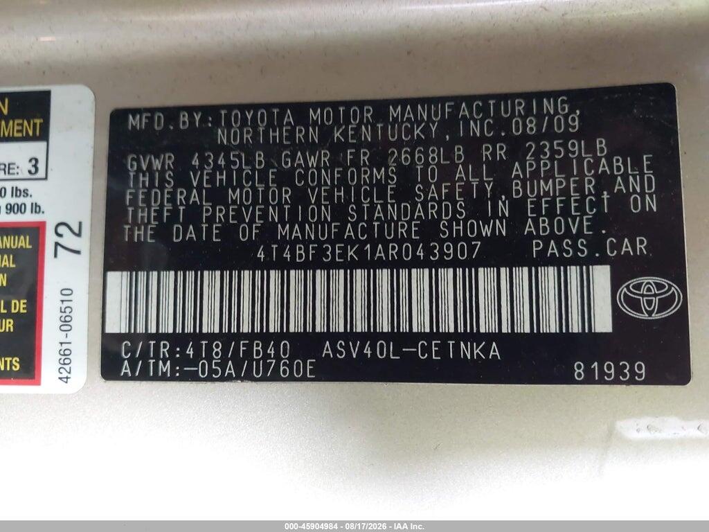 4T4BF3EK1AR043907 2010 TOYOTA CAMRY photo no. 9