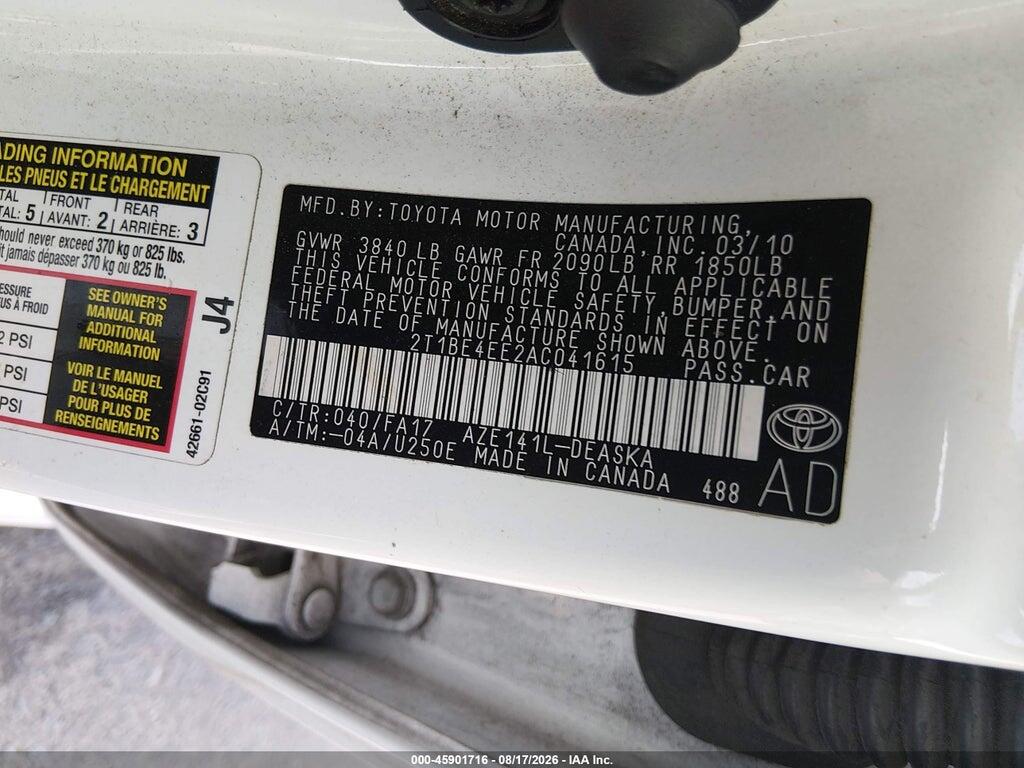 2T1BE4EE2AC041615 2010 TOYOTA COROLLA photo no. 9