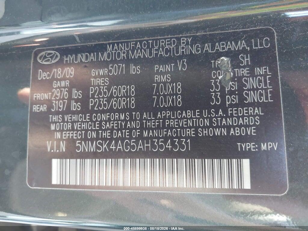 5NMSK4AG5AH354331 2010 HYUNDAI SANTA FE photo no. 9