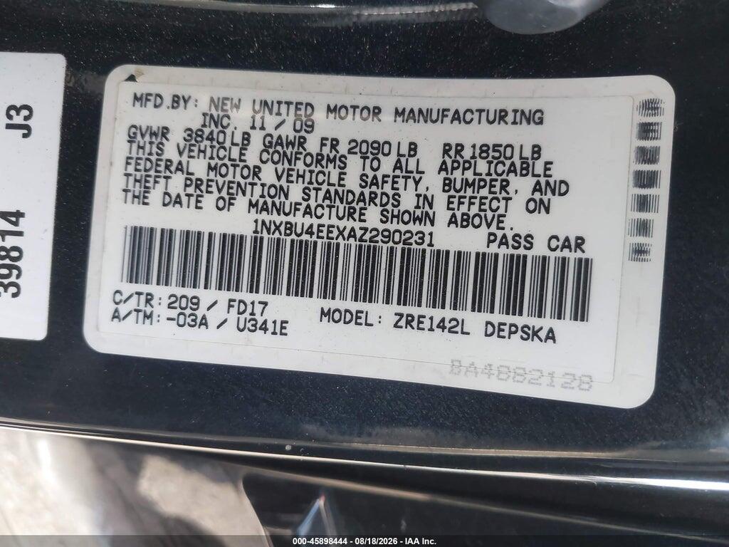 1NXBU4EEXAZ290231 2010 TOYOTA COROLLA photo no. 9