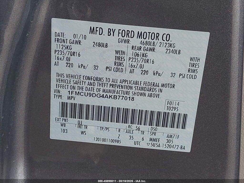 1FMCU9DG4AKB77018 2010 FORD ESCAPE photo no. 9