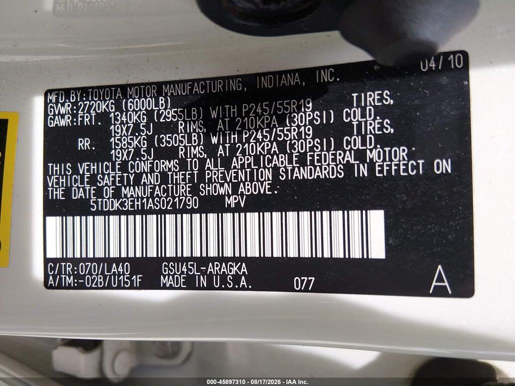 5TDDK3EH1AS021790 2010 TOYOTA HIGHLANDER photo no. 4