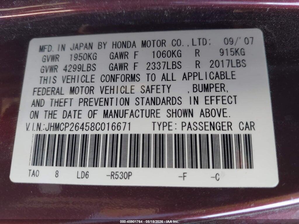 JHMCP26458C016671 2008 HONDA ACCORD photo no. 9