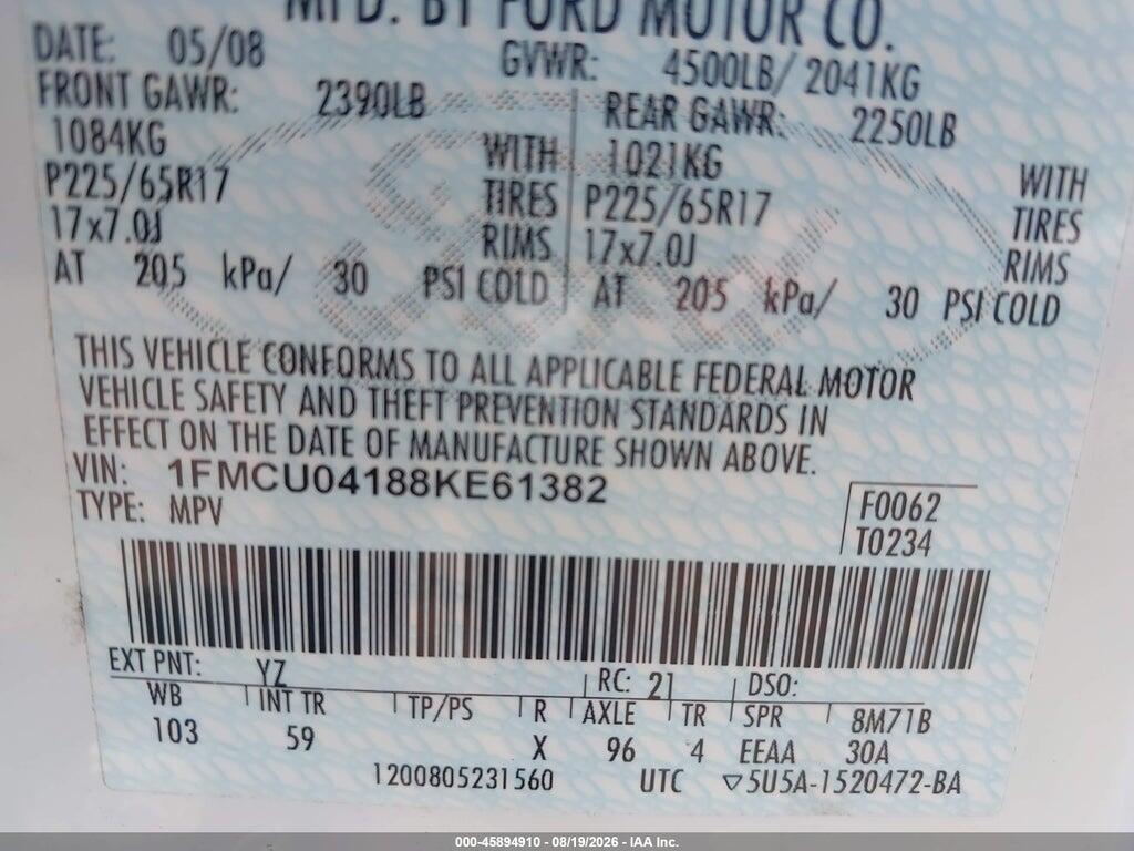 1FMCU04188KE61382 2008 FORD ESCAPE photo no. 9