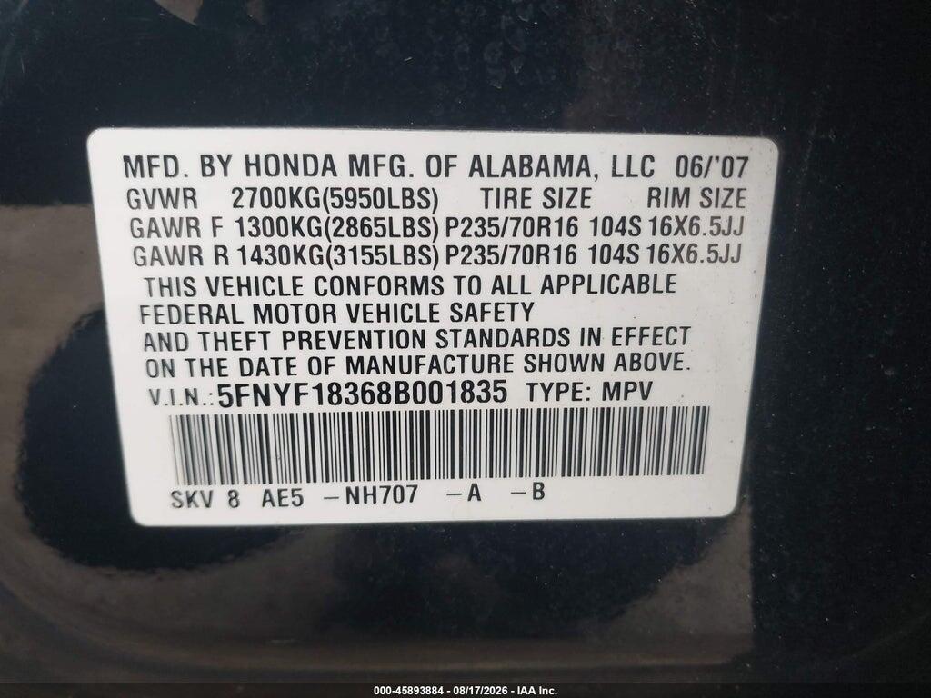 5FNYF18368B001835 2008 HONDA PILOT photo no. 9