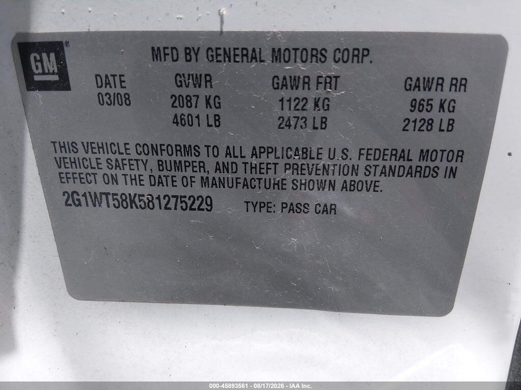 2G1WT58K581275229 2008 CHEVROLET IMPALA photo no. 9
