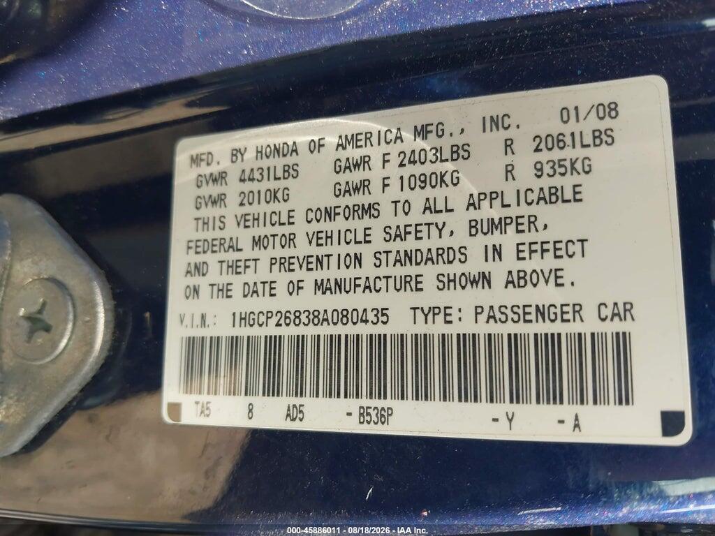 1HGCP26838A080435 2008 HONDA ACCORD photo no. 9