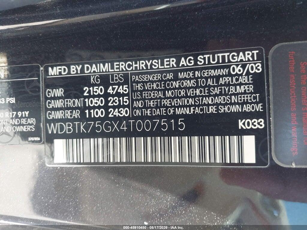 WDBTK75GX4T007515 2004 MERCEDES-BENZ CLK 500 photo no. 9