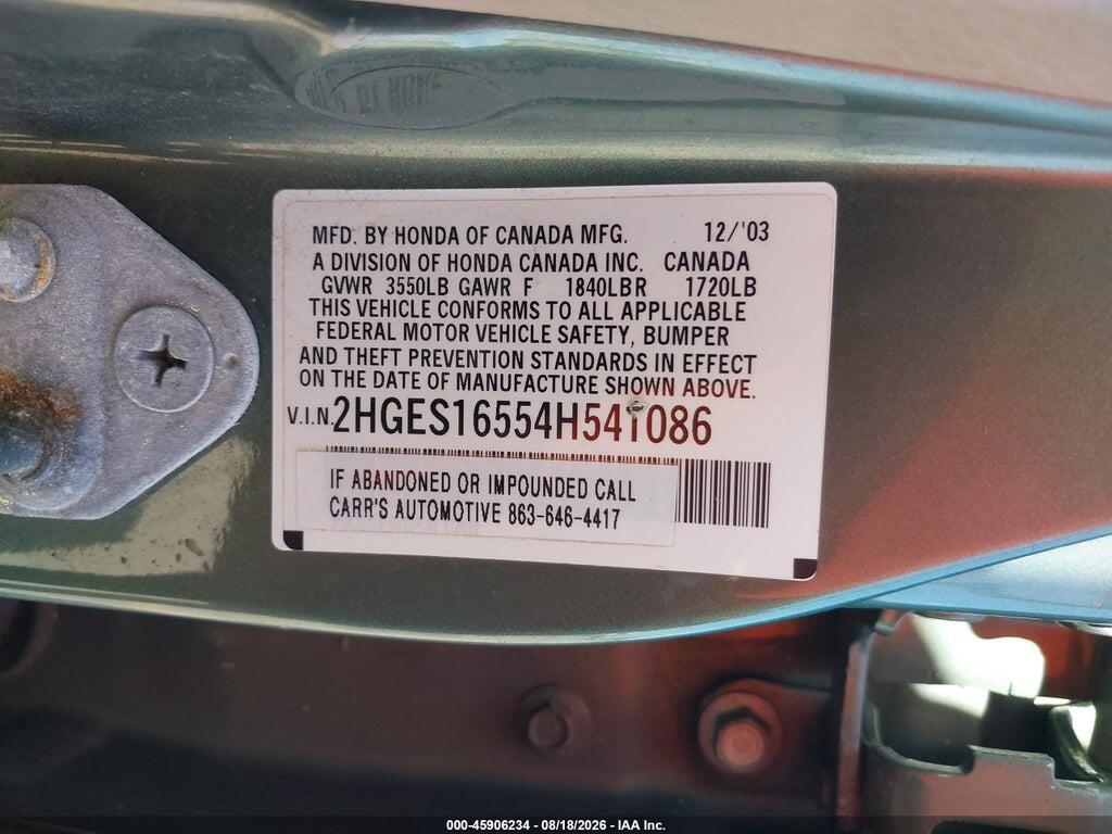 2HGES16554H541086 2004 HONDA CIVIC photo no. 9