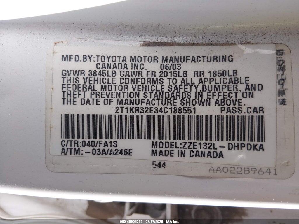 2T1KR32E34C188551 2004 TOYOTA MATRIX photo no. 9