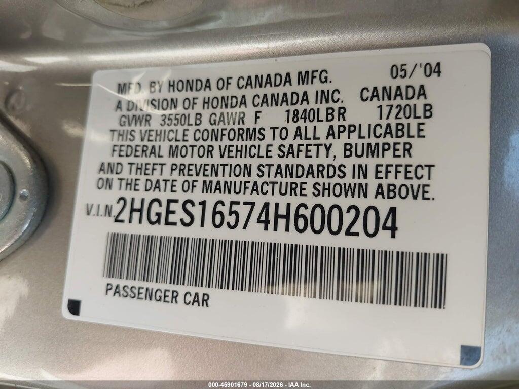 2HGES16574H600204 2004 HONDA CIVIC photo no. 9