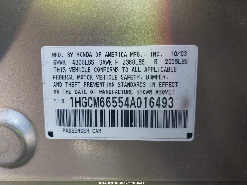 1HGCM66554A016493 2004 HONDA ACCORD photo no. 9