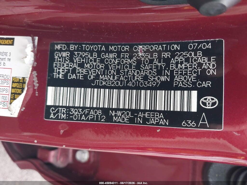 JTDKB20U140103497 2004 TOYOTA PRIUS photo no. 9