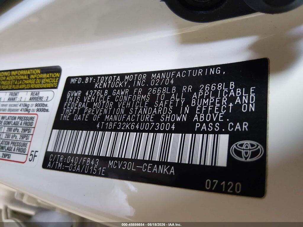 4T1BF32K64U073004 2004 TOYOTA CAMRY photo no. 9