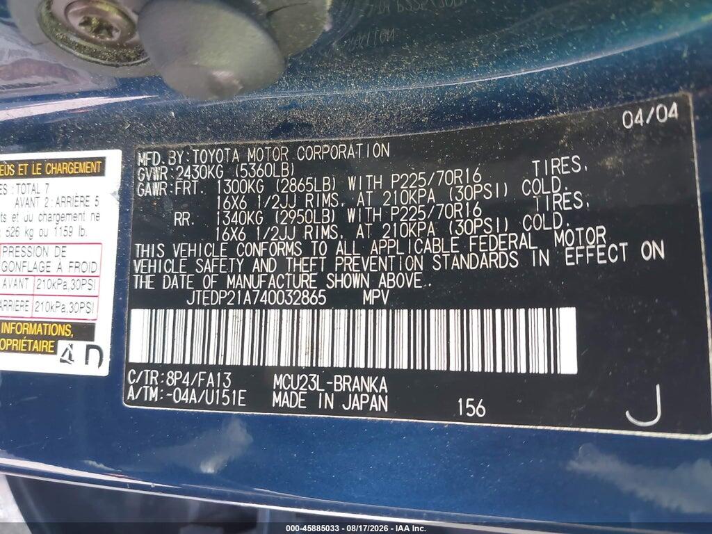 JTEDP21A740032865 2004 TOYOTA HIGHLANDER photo no. 9