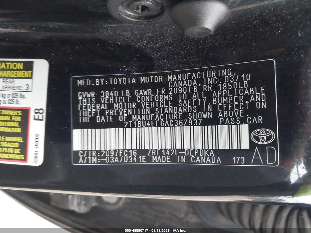 2T1BU4EE6AC367937 2010 TOYOTA COROLLA photo no. 9