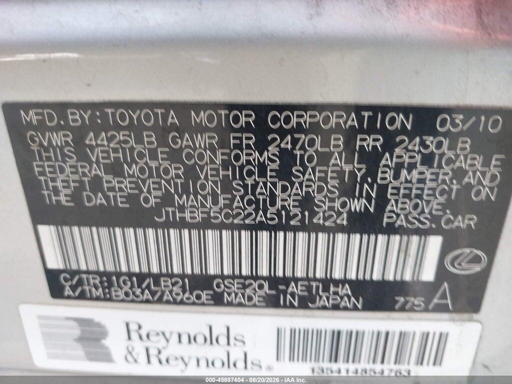 JTHBF5C22A5121424 2010 LEXUS IS 250 photo no. 9