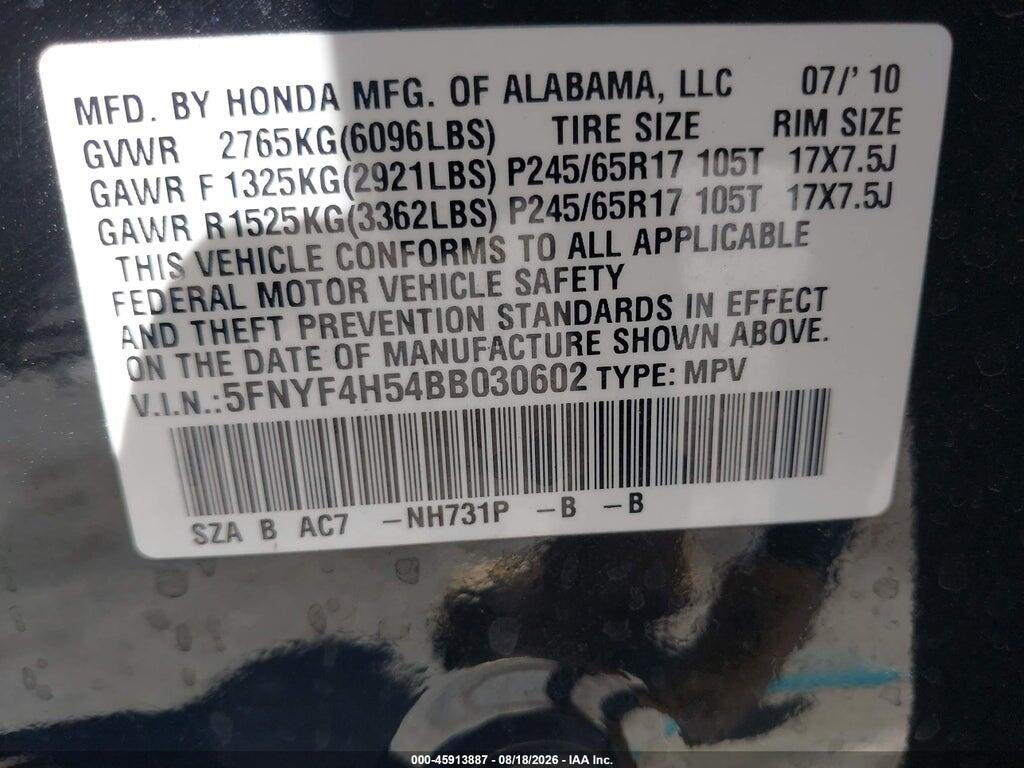5FNYF4H54BB030602 2011 HONDA PILOT photo no. 9