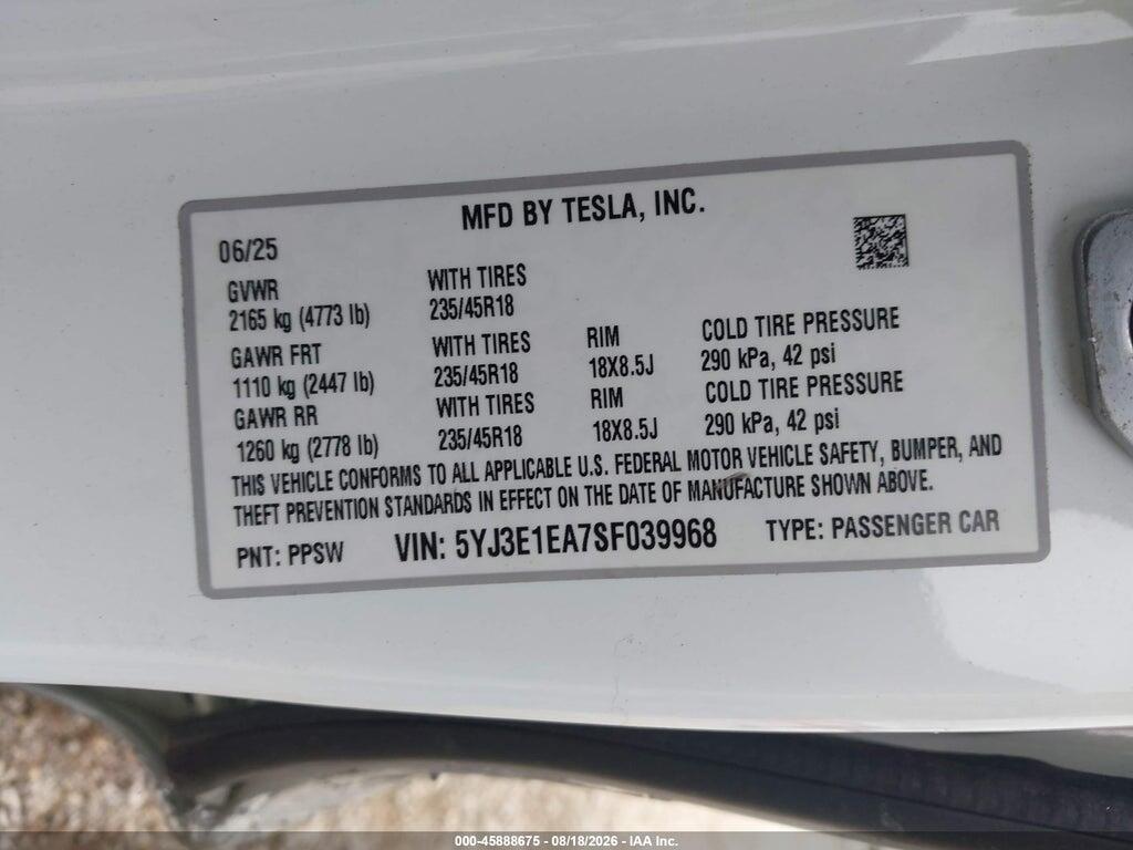 5YJ3E1EA7SF039968 2025 TESLA MODEL 3 photo no. 9