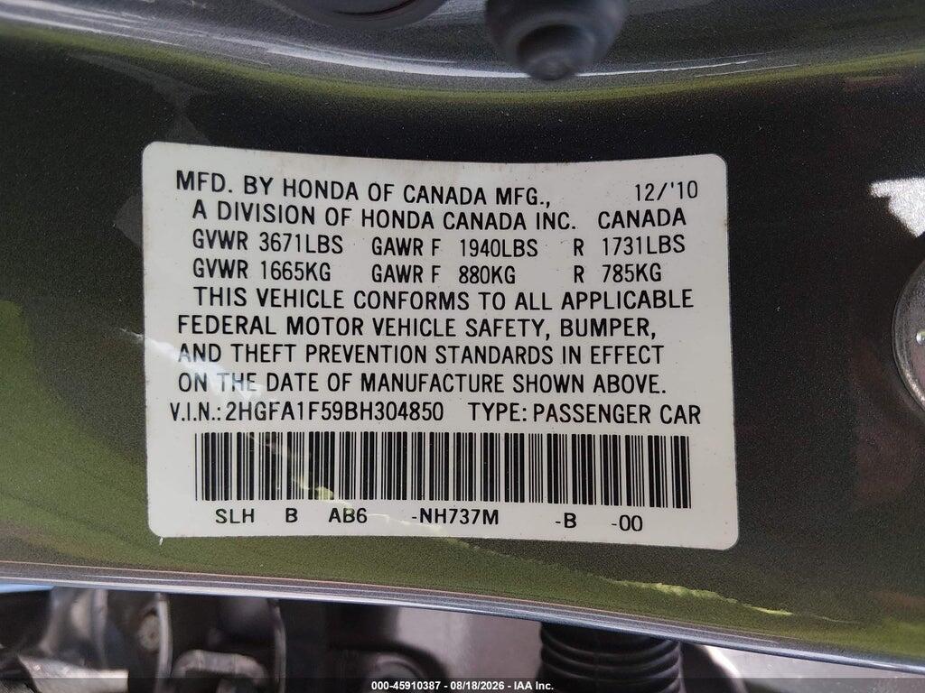 2HGFA1F59BH304850 2011 HONDA CIVIC photo no. 9