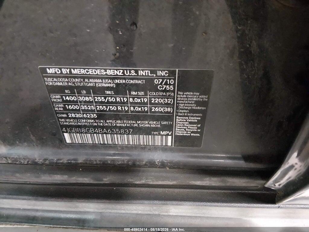 4JGBB8GB4BA635837 2011 MERCEDES-BENZ ML 350 photo no. 9