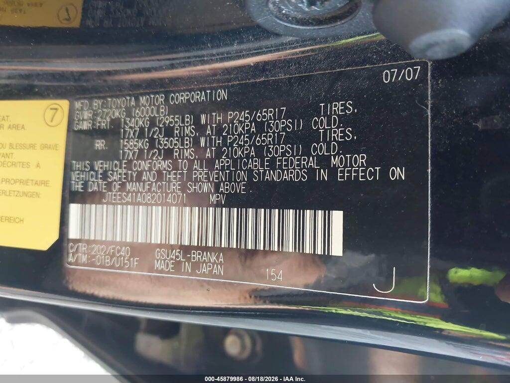 JTEES41A082014071 2008 TOYOTA HIGHLANDER photo no. 9