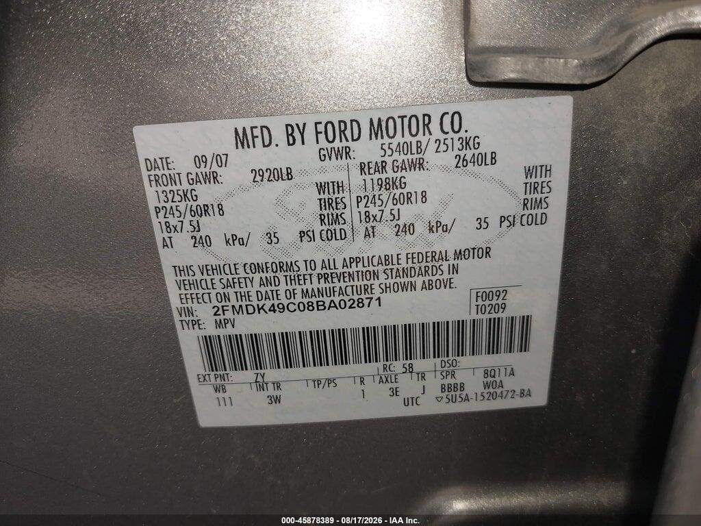 2FMDK49C08BA02871 2008 FORD EDGE photo no. 9