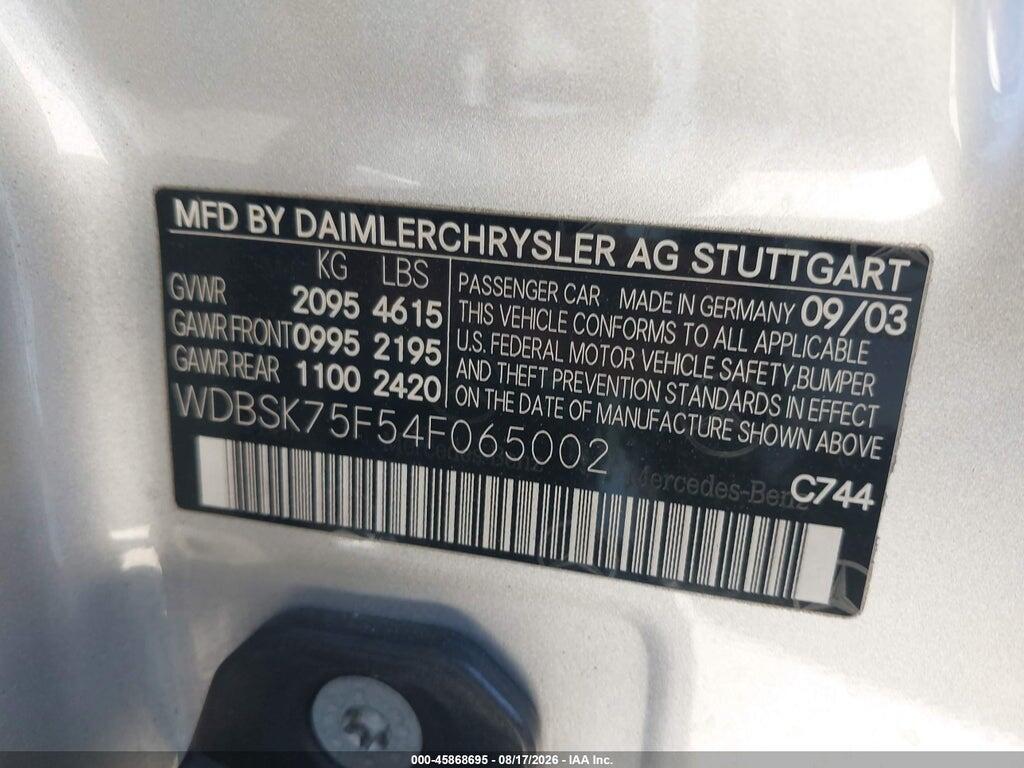 WDBSK75F54F065002 2004 MERCEDES-BENZ SL 500 photo no. 9