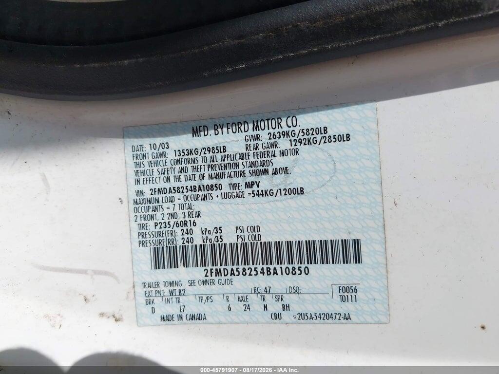 2FMDA58254BA10850 2004 FORD FREESTAR photo no. 9