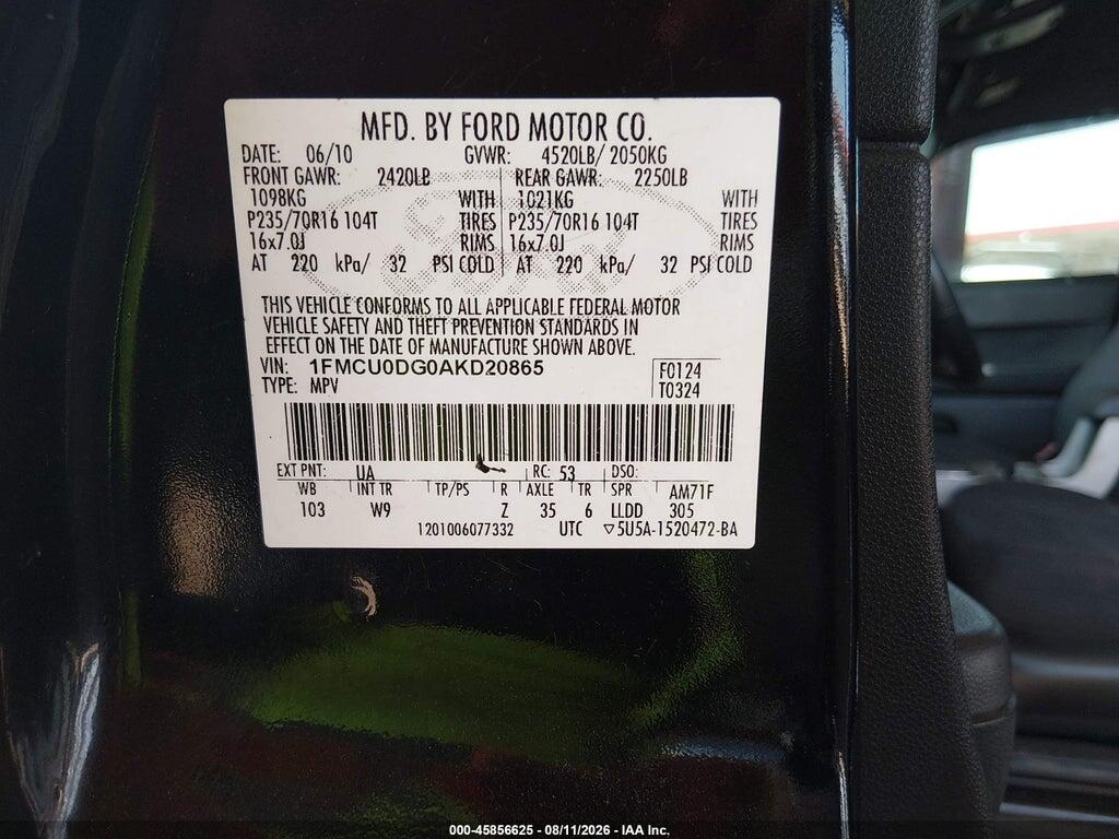 1FMCU0DG0AKD20865 2010 FORD ESCAPE photo no. 9
