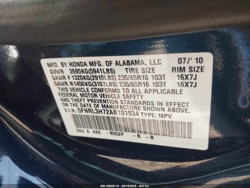 5FNRL3H72AB101934 2010 HONDA ODYSSEY photo no. 9