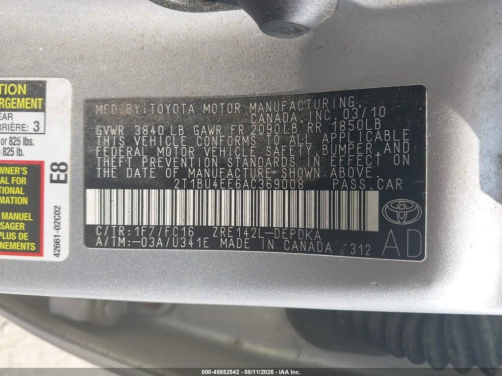 2T1BU4EE6AC369008 2010 TOYOTA COROLLA photo no. 9