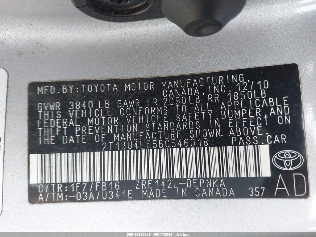 2T1BU4EE5BC546018 2011 TOYOTA COROLLA photo no. 9