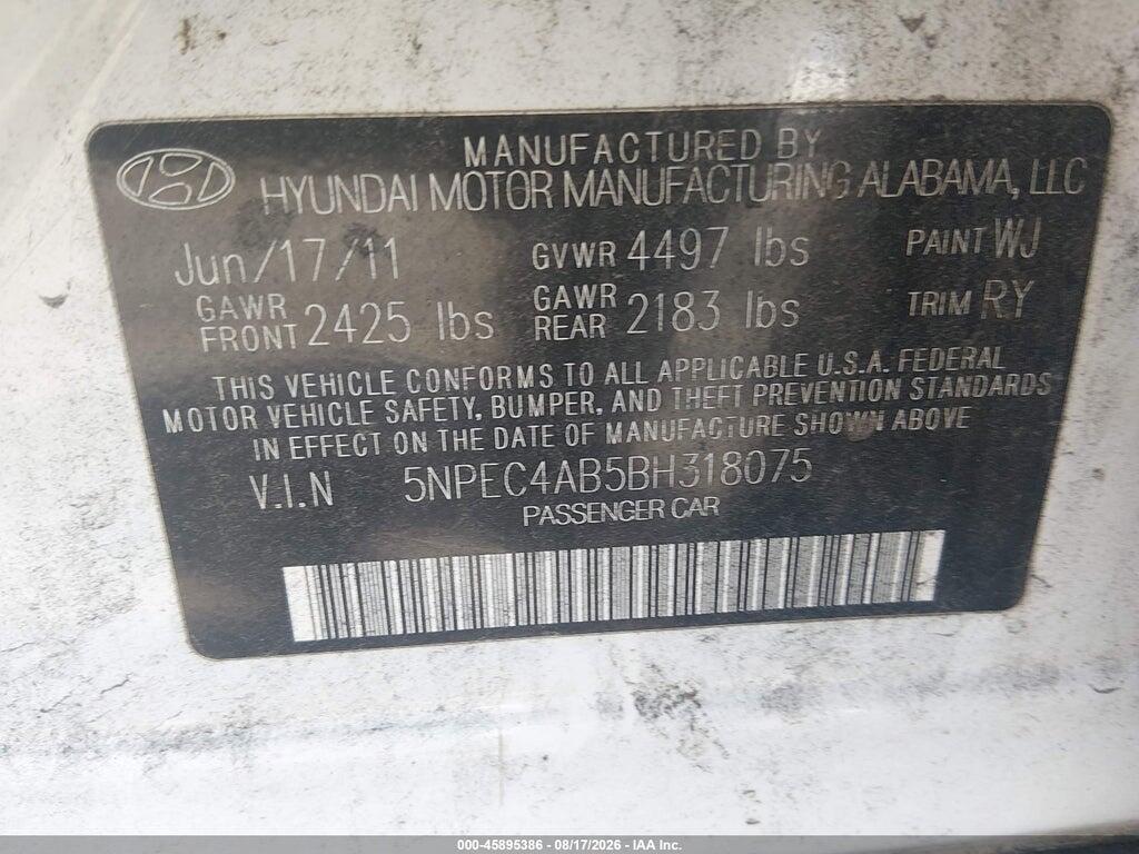 5NPEC4AB5BH318075 2011 HYUNDAI SONATA photo no. 9