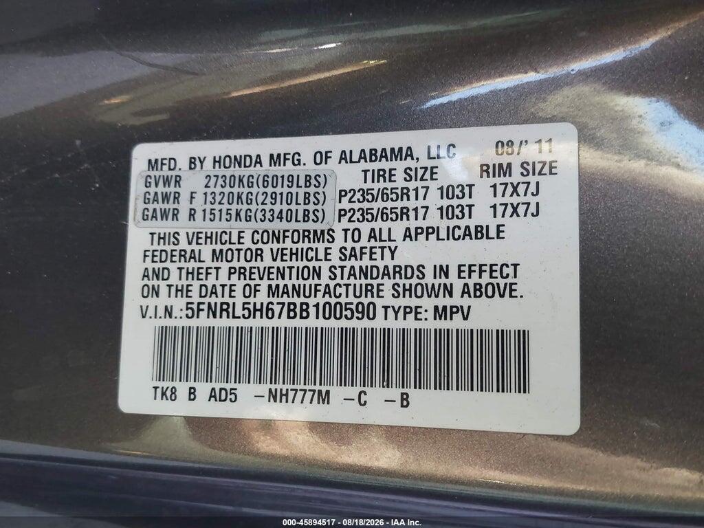 5FNRL5H67BB100590 2011 HONDA ODYSSEY photo no. 9