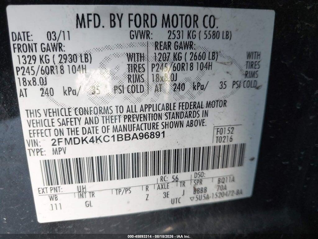 2FMDK4KC1BBA96891 2011 FORD EDGE photo no. 9