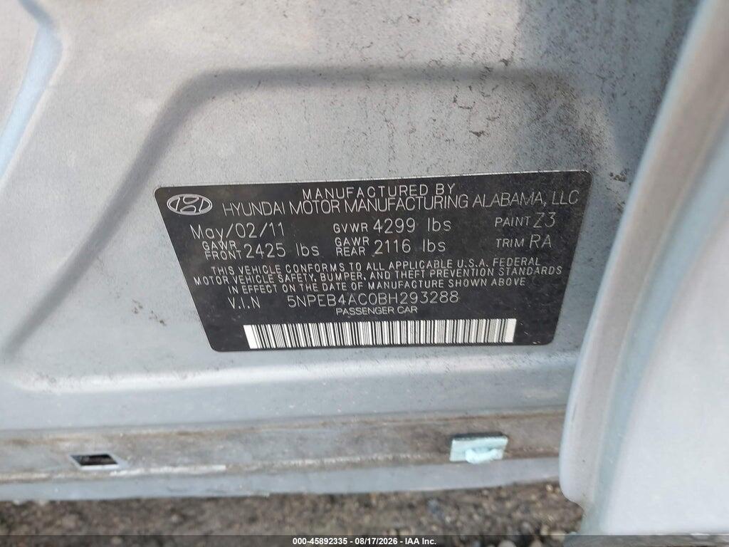 5NPEB4AC0BH293288 2011 HYUNDAI SONATA photo no. 9