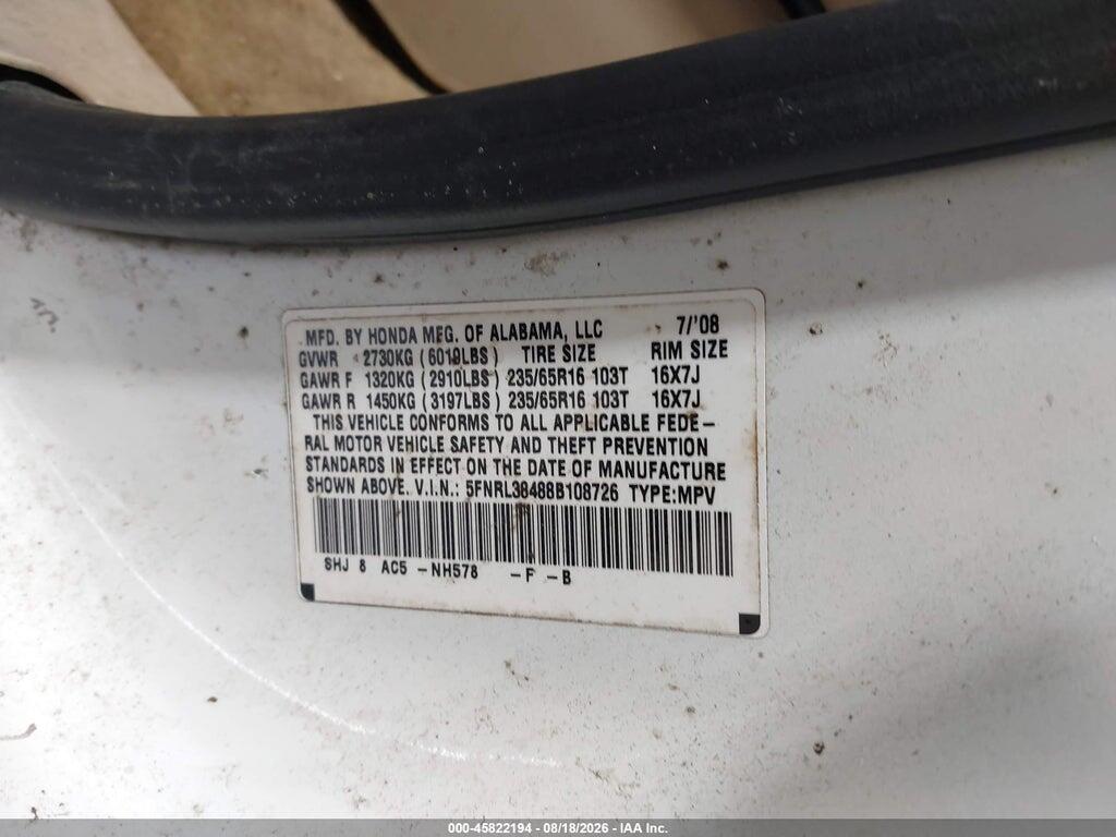 5FNRL38488B108726 2008 HONDA ODYSSEY photo no. 9