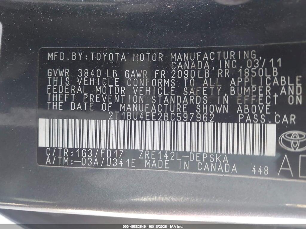 2T1BU4EE2BC597962 2011 TOYOTA COROLLA photo no. 9