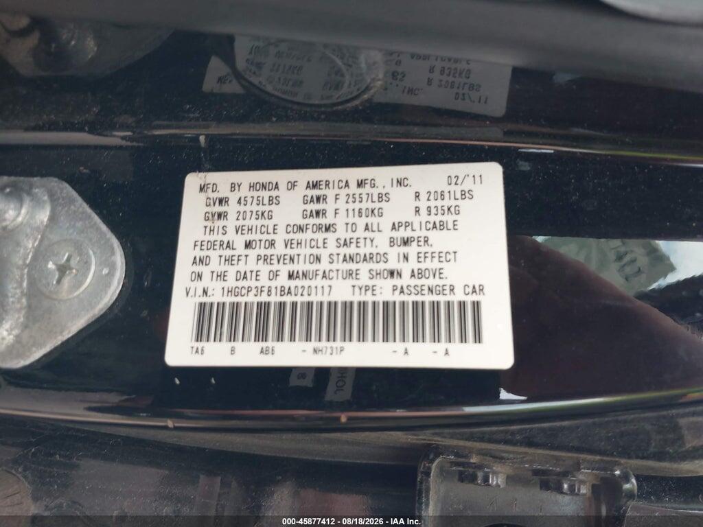 1HGCP3F81BA020117 2011 HONDA ACCORD photo no. 9