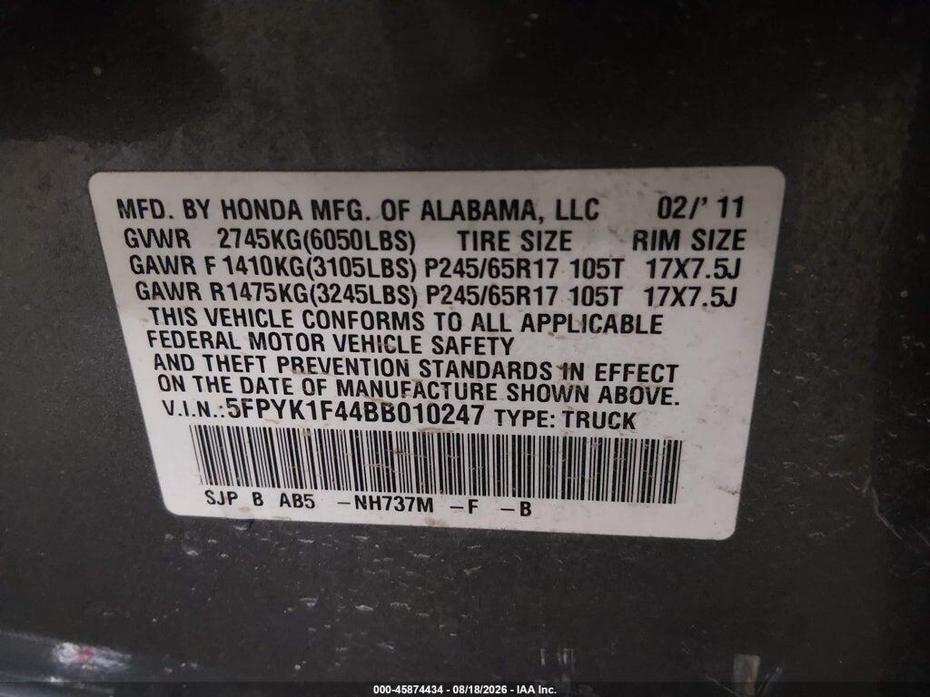 5FPYK1F44BB010247 2011 HONDA RIDGELINE photo no. 9