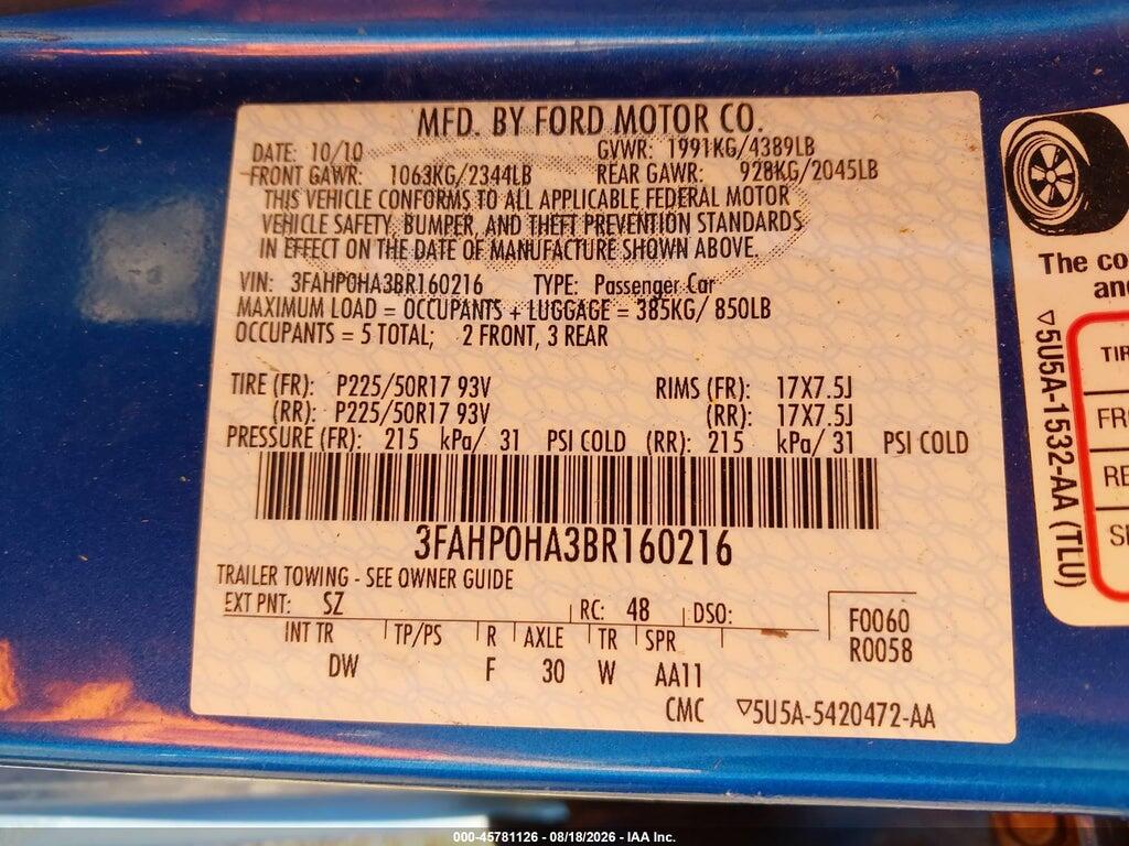 3FAHP0HA3BR160216 2011 FORD FUSION photo no. 9