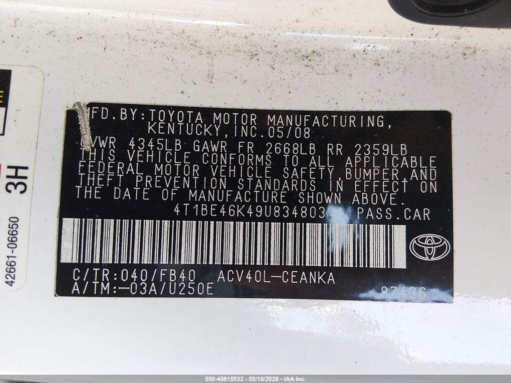 4T1BE46K49U834803 2009 TOYOTA CAMRY photo no. 9