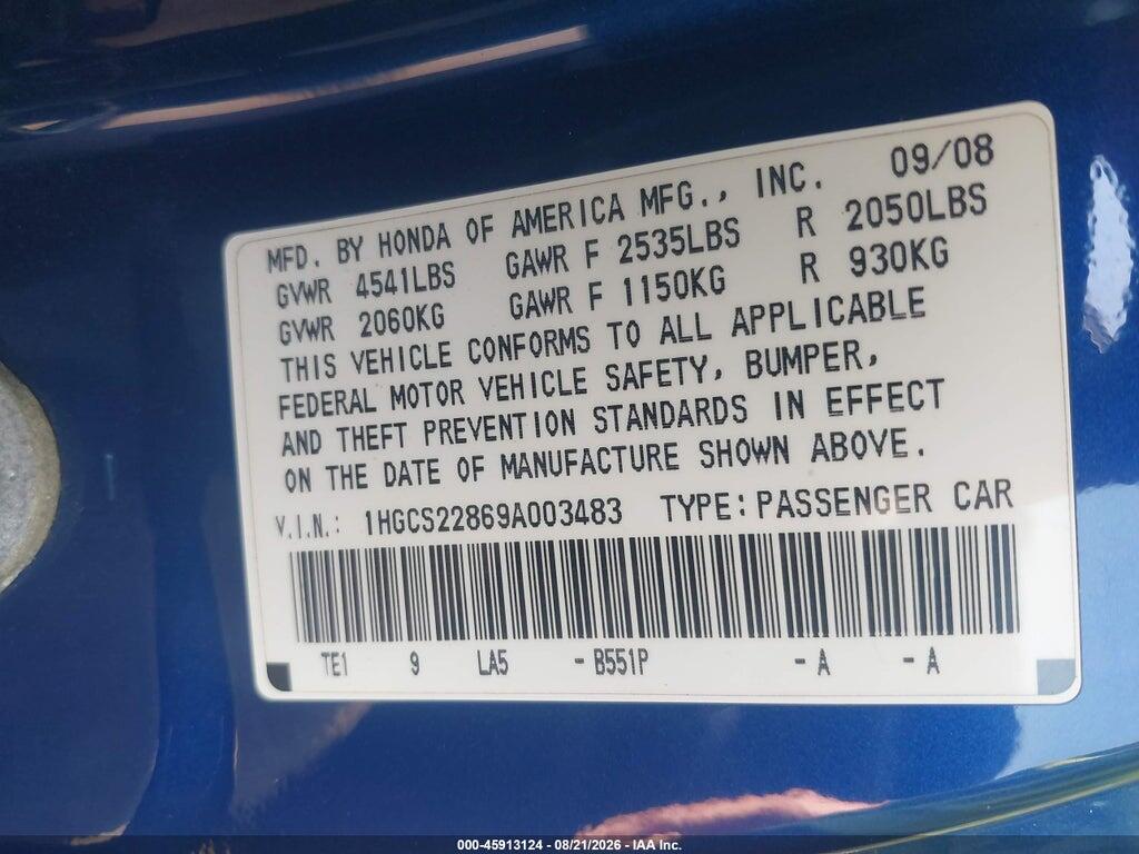 1HGCS22869A003483 2009 HONDA ACCORD photo no. 9