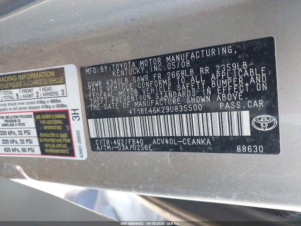 4T1BE46K29U835500 2009 TOYOTA CAMRY photo no. 9