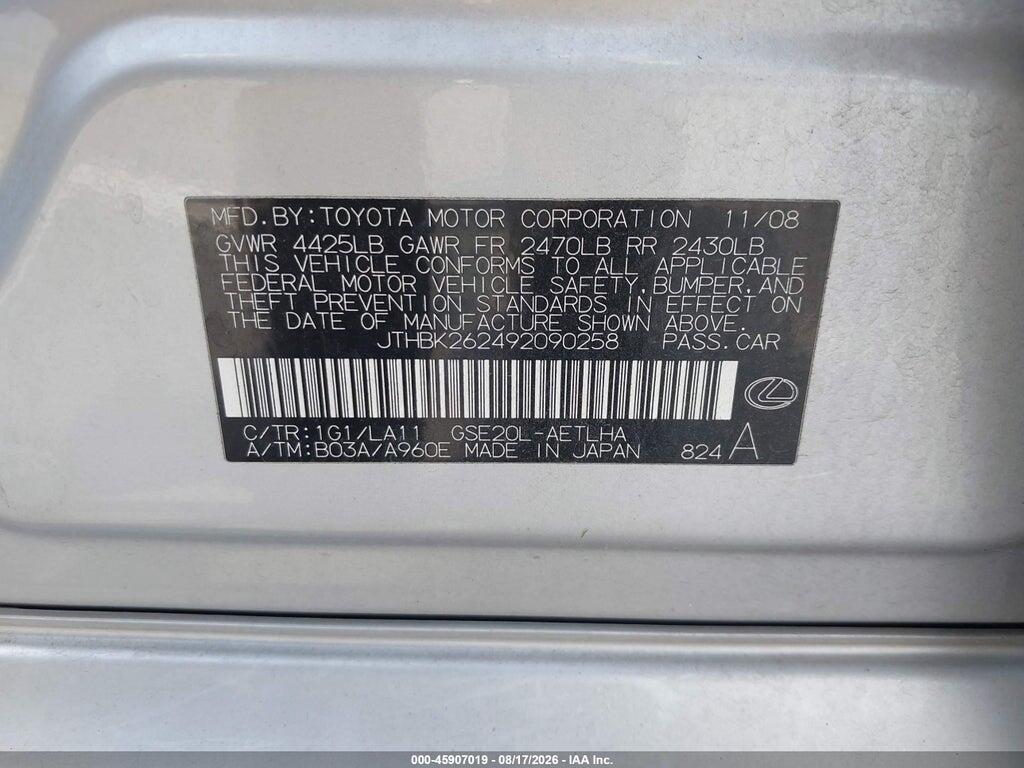 JTHBK262492090258 2009 LEXUS IS 250 photo no. 9